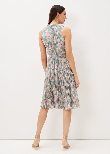 Phase Eight Simara Floral Pleated Dress Olive/Multicolor Australia | UB3856092